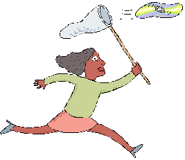 woman with a butterfly net chasing a floppy CD disk flying through the air